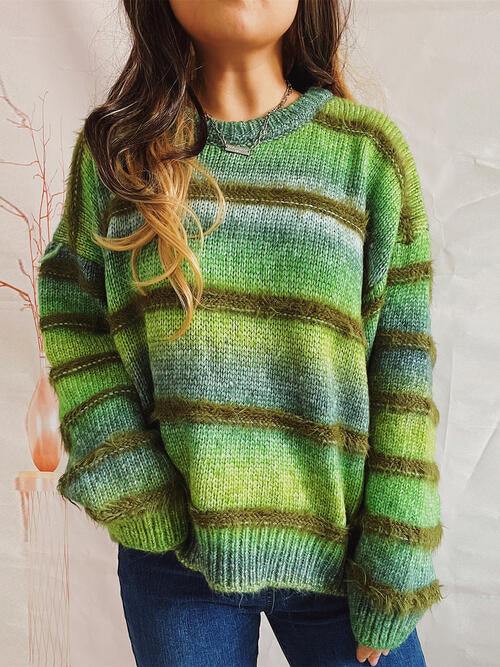 Striped Round Neck Long Sleeve Sweater - Flyclothing LLC
