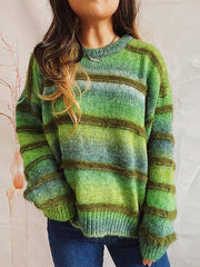 Striped Round Neck Long Sleeve Sweater - Flyclothing LLC