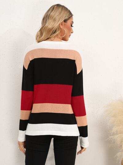 Striped Round Neck Dropped Shoulder Sweater - Trendsi - Flyclothing LLC