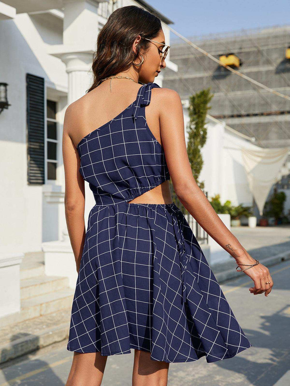 Grid One-Shoulder Tied Cutout Dress - Trendsi - Flyclothing LLC