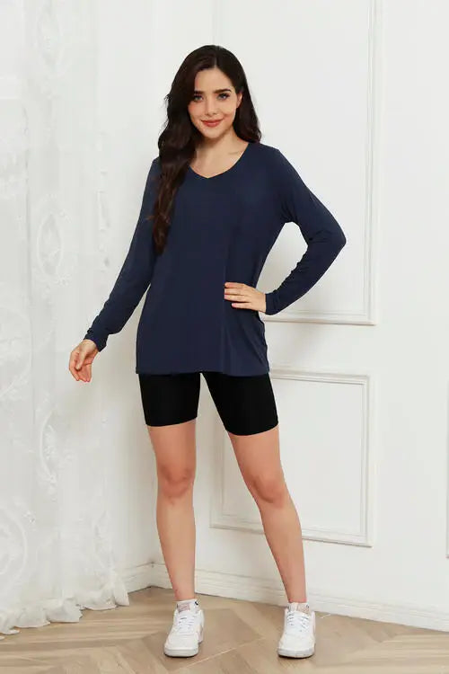 Basic Bae Full Size V-Neck Long Sleeve Top - Trendsi - Flyclothing LLC