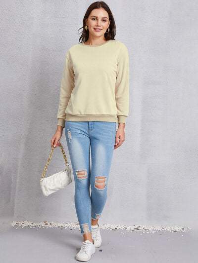 Round Neck Dropped Shoulder Sweatshirt - Trendsi - Flyclothing LLC