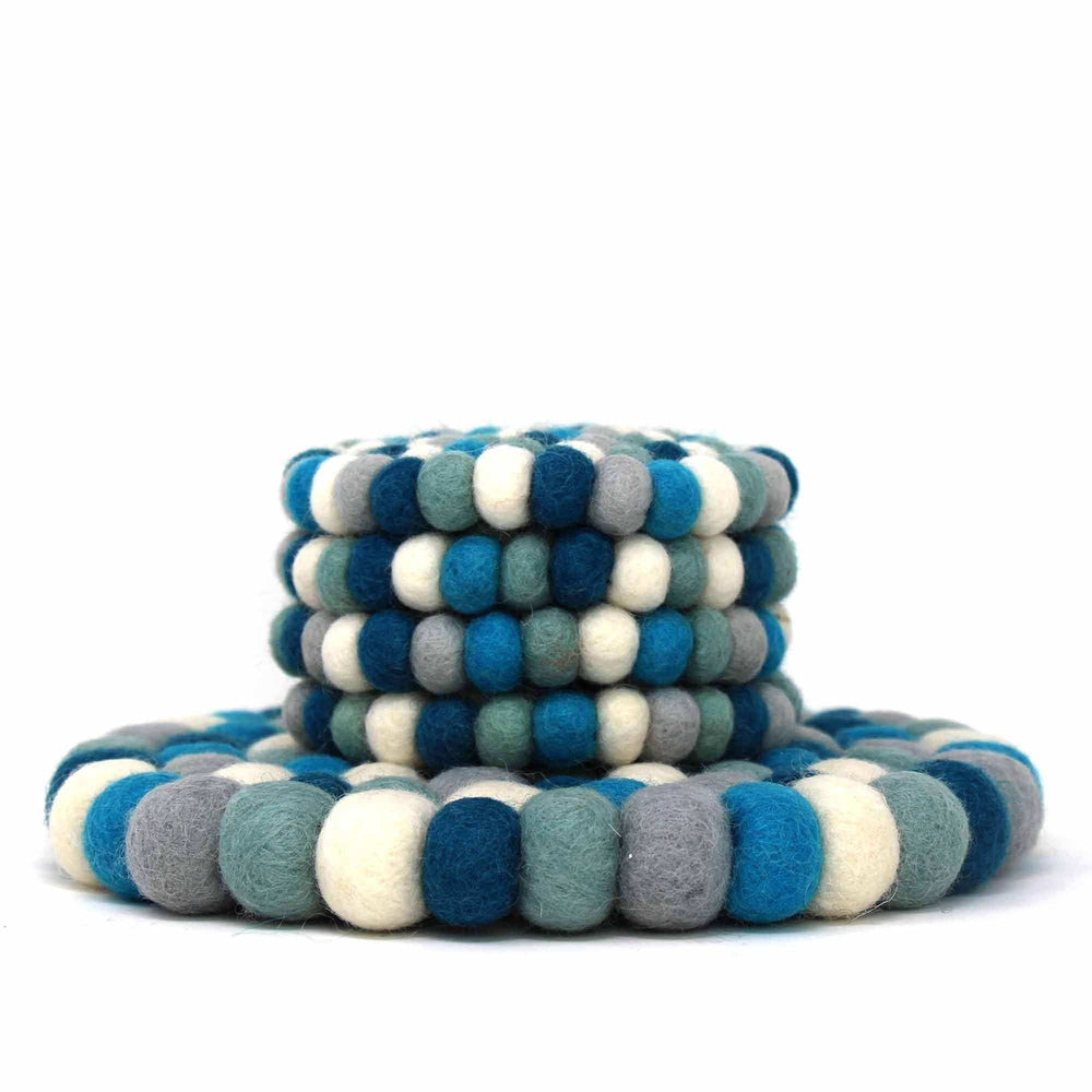 Ice Blue Felt Ball Coasters, Set of 4 - Global Groove Direct - Flyclothing LLC