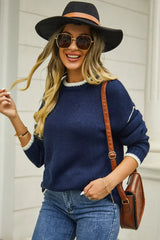 Round Neck Long Sleeve Waffle-Knit Sweater - Trendsi - Flyclothing LLC