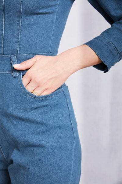 Snap Down Denim Jumpsuit with Pockets - Trendsi - Flyclothing LLC