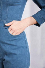 Snap Down Denim Jumpsuit with Pockets - Trendsi - Flyclothing LLC