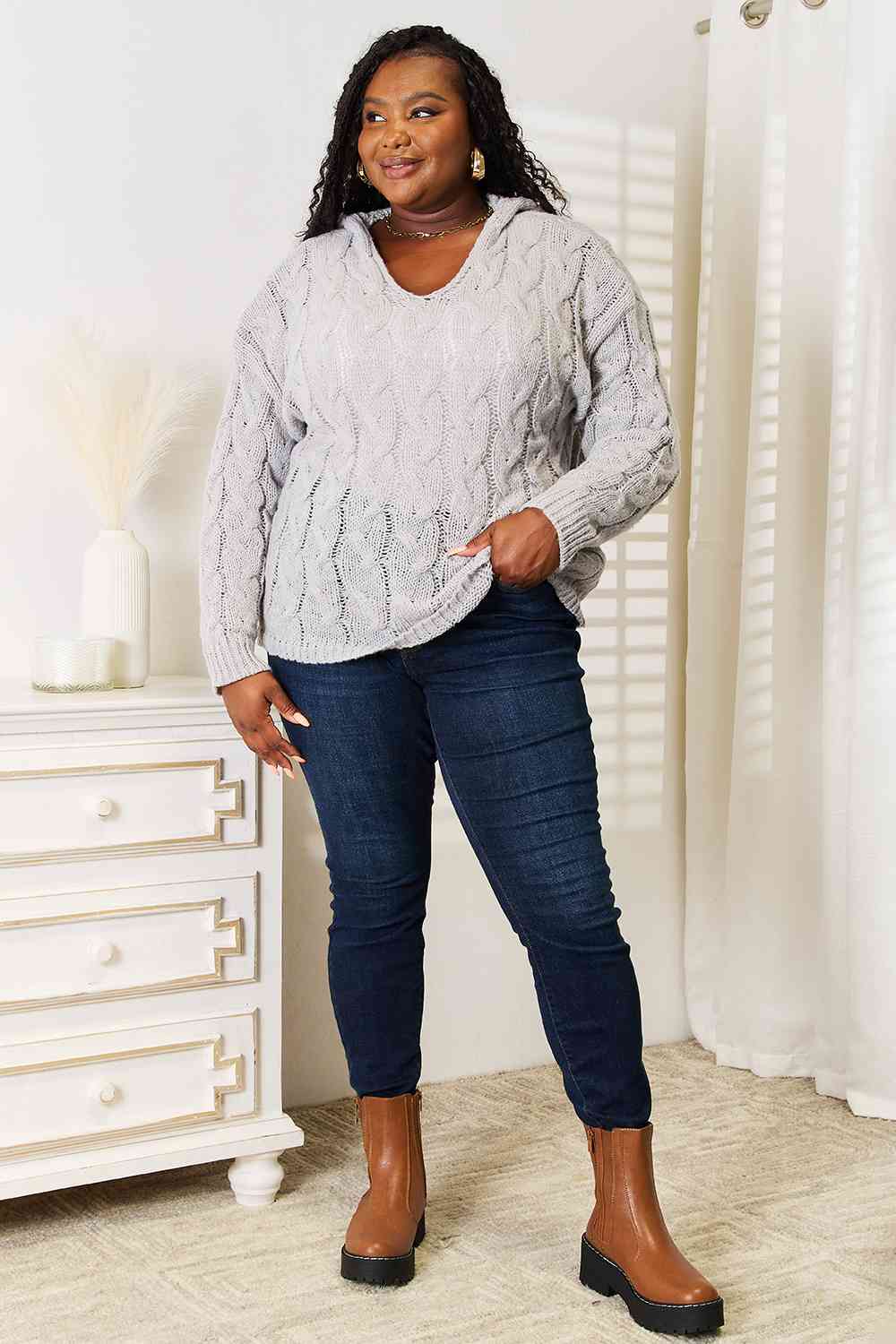Woven Right Cable-Knit Hooded Sweater - Trendsi - Flyclothing LLC