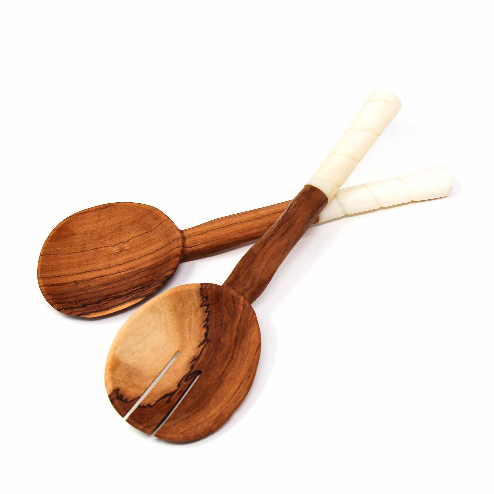 Olive Wood Salad Servers with Bone Handles, White with Etching Design - Flyclothing LLC