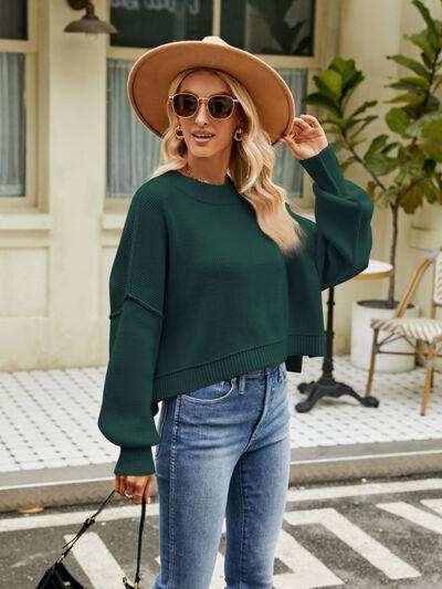 Round Neck Lantern Sleeve Sweater - Trendsi - Flyclothing LLC