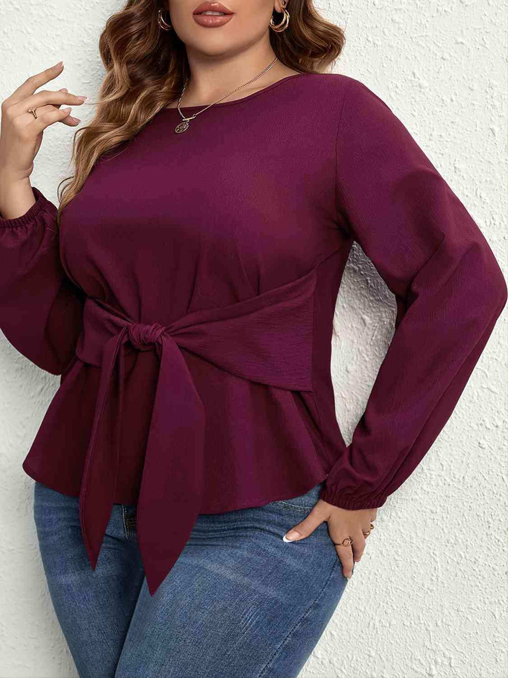 Plus Size Tie Front Long Sleeve Blouse - Trendsi - Flyclothing LLC