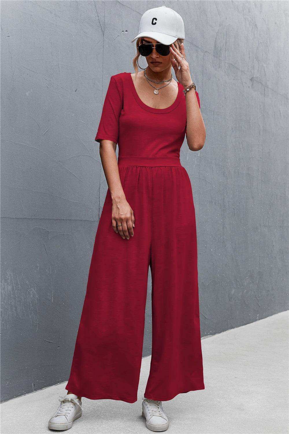 Scoop Neck Half Sleeve Wide Leg Jumpsuit - Trendsi - Flyclothing LLC