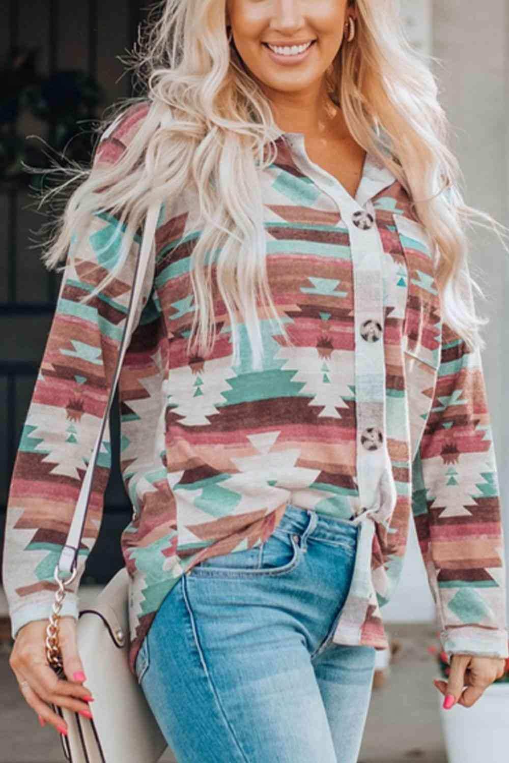 Printed Button Up Long Sleeve Shirt - Trendsi - Flyclothing LLC