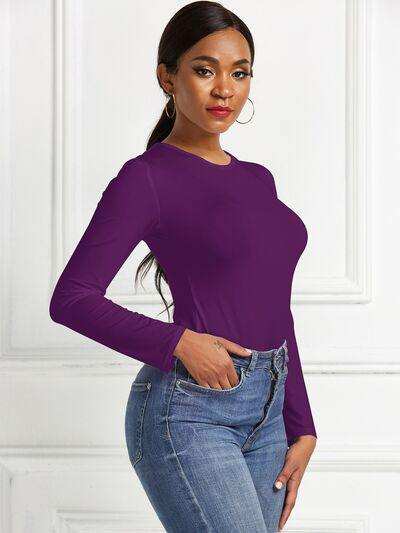 Round Neck Long Sleeve Bodysuit - Trendsi - Flyclothing LLC