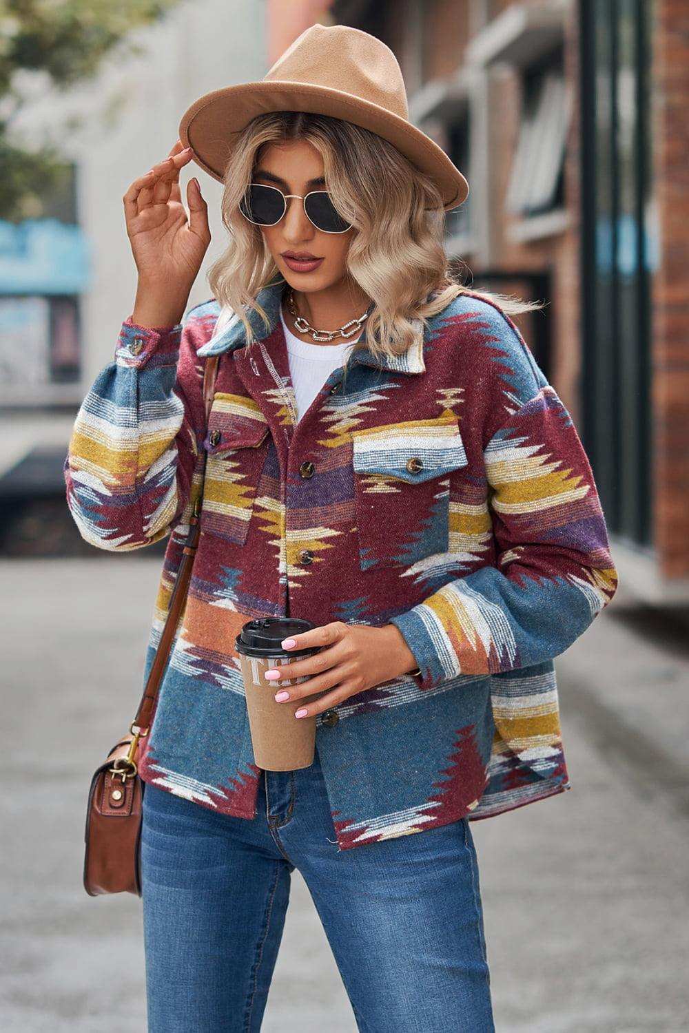 Printed Collared Neck Jacket - Trendsi - Flyclothing LLC