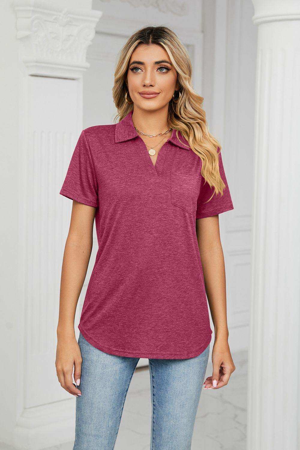 Curved Hem Johnny Collar Polo Shirt - Trendsi - Flyclothing LLC