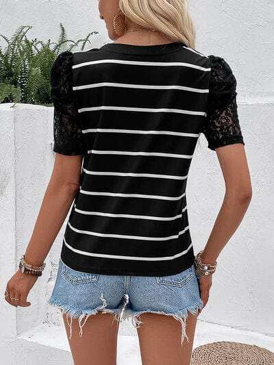 Striped Lace Detail Short Sleeve T-Shirt - Trendsi - Flyclothing LLC