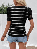 Striped Lace Detail Short Sleeve T-Shirt - Trendsi