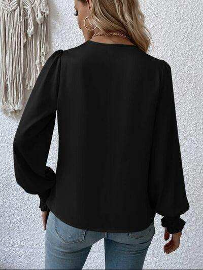 Surplice Smocked Lantern Sleeve Blouse - Trendsi - Flyclothing LLC