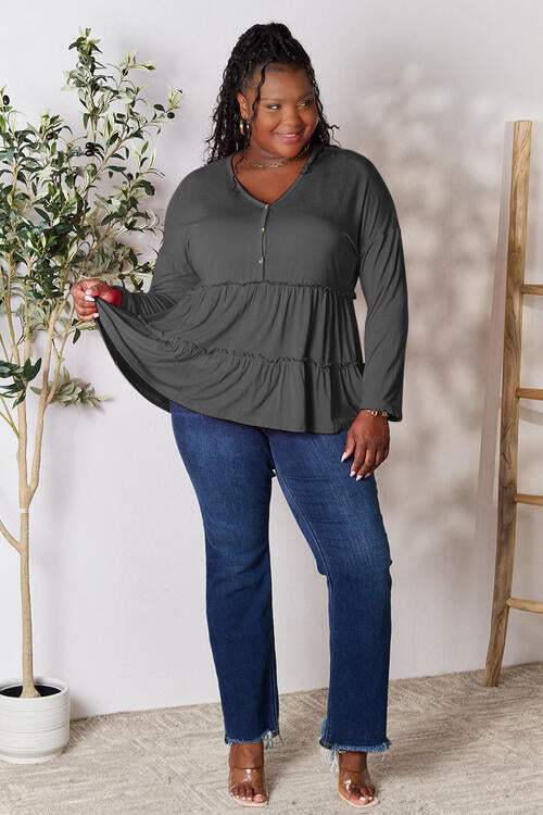 Double Take Half Button Long Sleeve Ruffle Hem Blouse - Trendsi - Flyclothing LLC