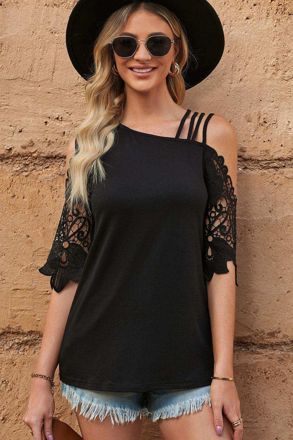 Spliced Lace Asymmetrical Neck Blouse - Trendsi - Flyclothing LLC
