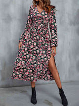 Floral V-Neck Slit Midi Dress - Trendsi - Flyclothing LLC
