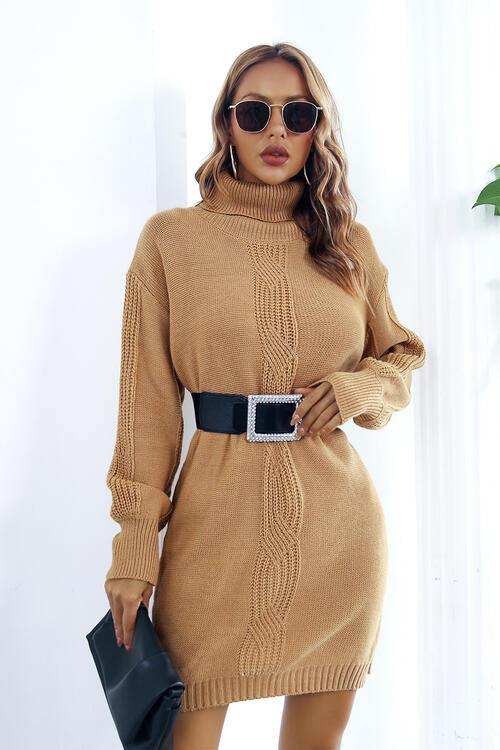 Openwork Turtleneck Long Sleeve Sweater Dress - Trendsi - Flyclothing LLC