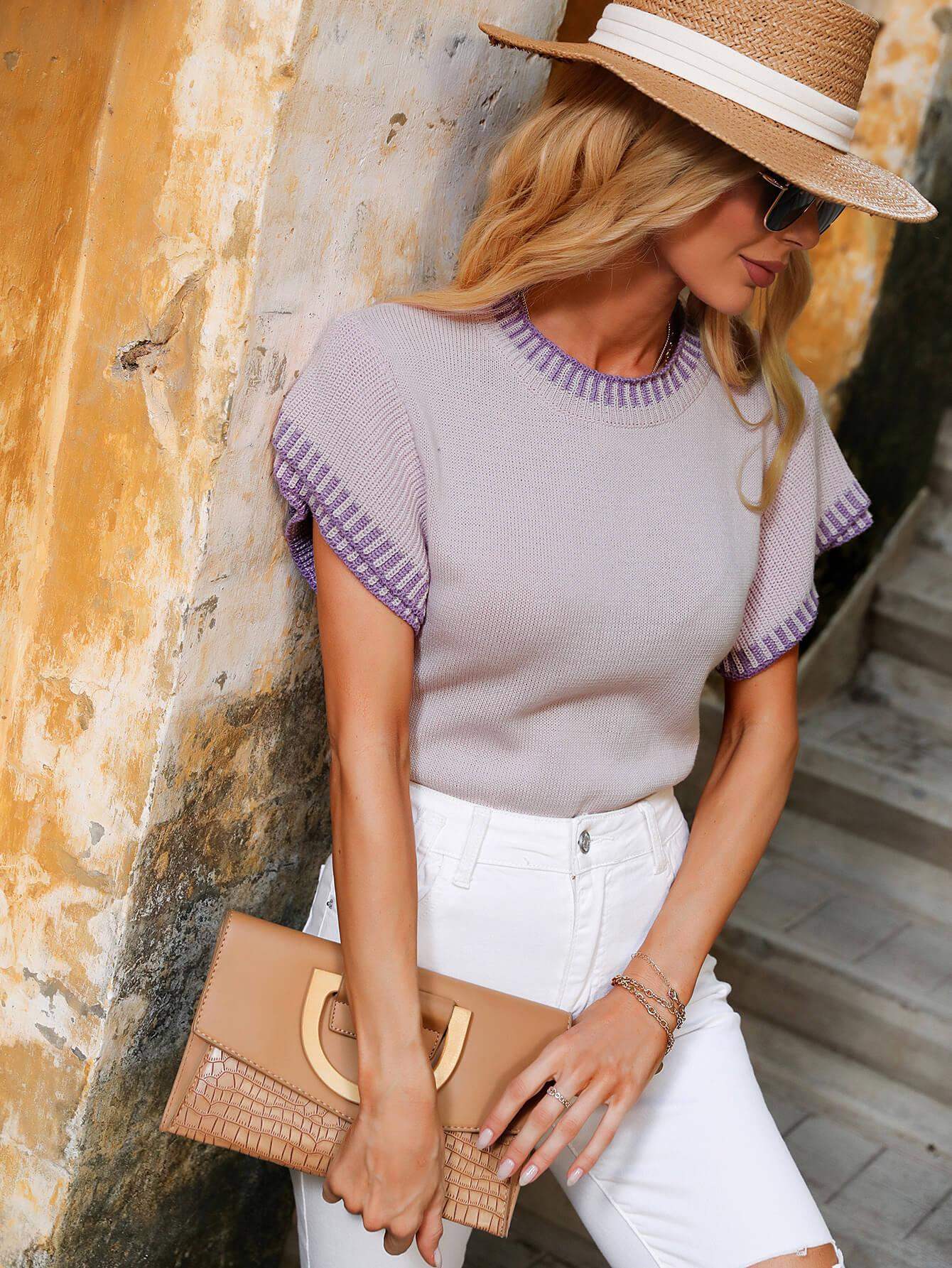 Contrast Round Neck Short Sleeve Knit Top - Trendsi - Flyclothing LLC