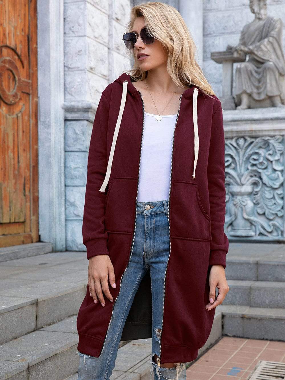 Full Size Zip-Up Longline Hoodie with Pockets - Trendsi - Flyclothing LLC