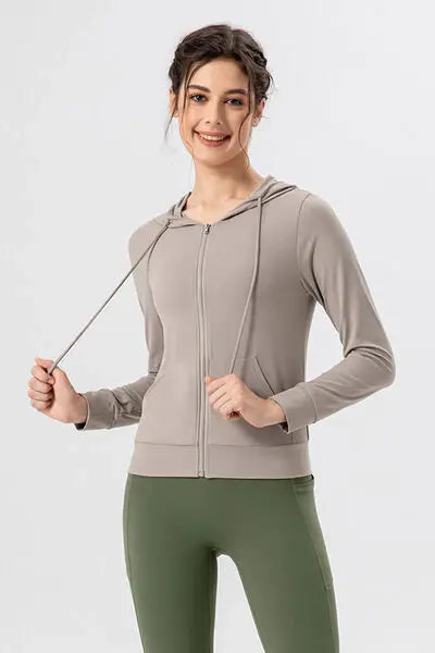 Drawstring Zip Up Hooded Active Outerwear - Trendsi - Flyclothing LLC