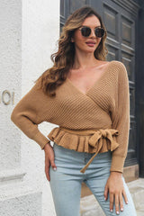 Tie Waist Ruffle Hem Sweater - Trendsi