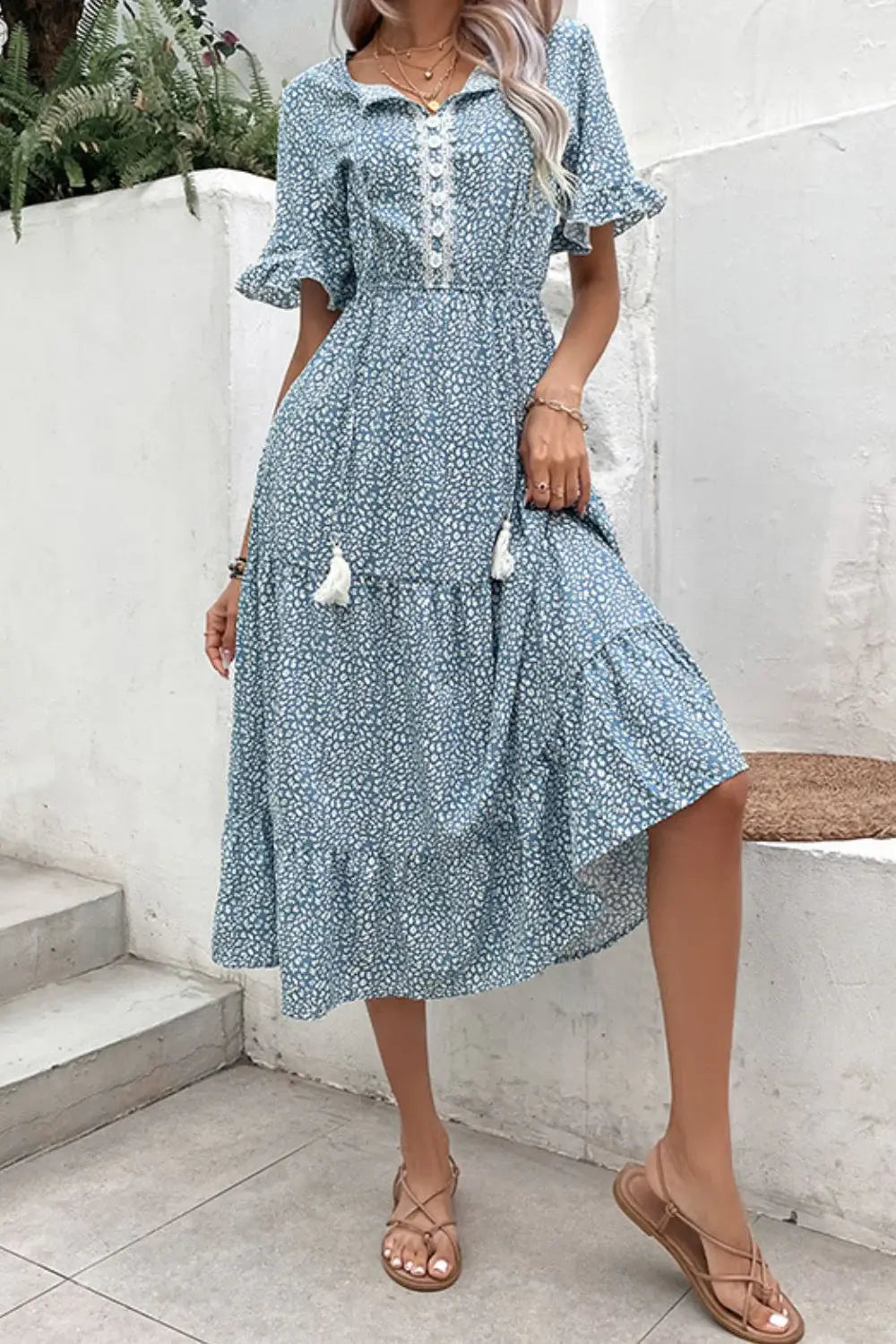 Printed Tassel Tie Flounce Sleeve Dress - Trendsi - Flyclothing LLC