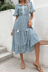 Printed Tassel Tie Flounce Sleeve Dress - Trendsi - Flyclothing LLC