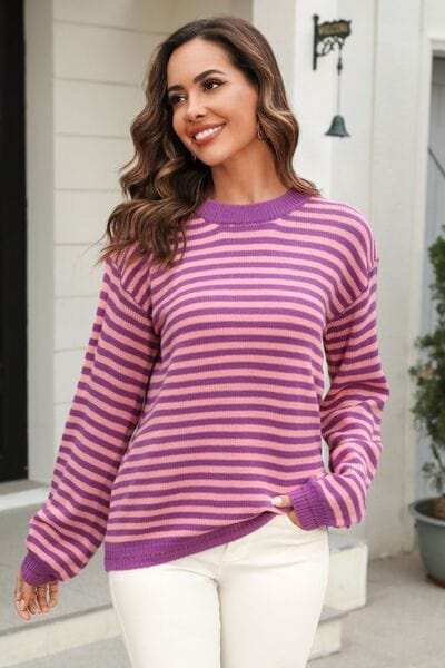 Striped Round Neck Dropped Shoulder Sweater - Trendsi - Flyclothing LLC