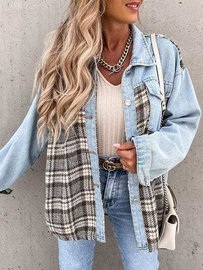 Plaid Button Up Dropped Shoulder Jacket - Trendsi - Flyclothing LLC