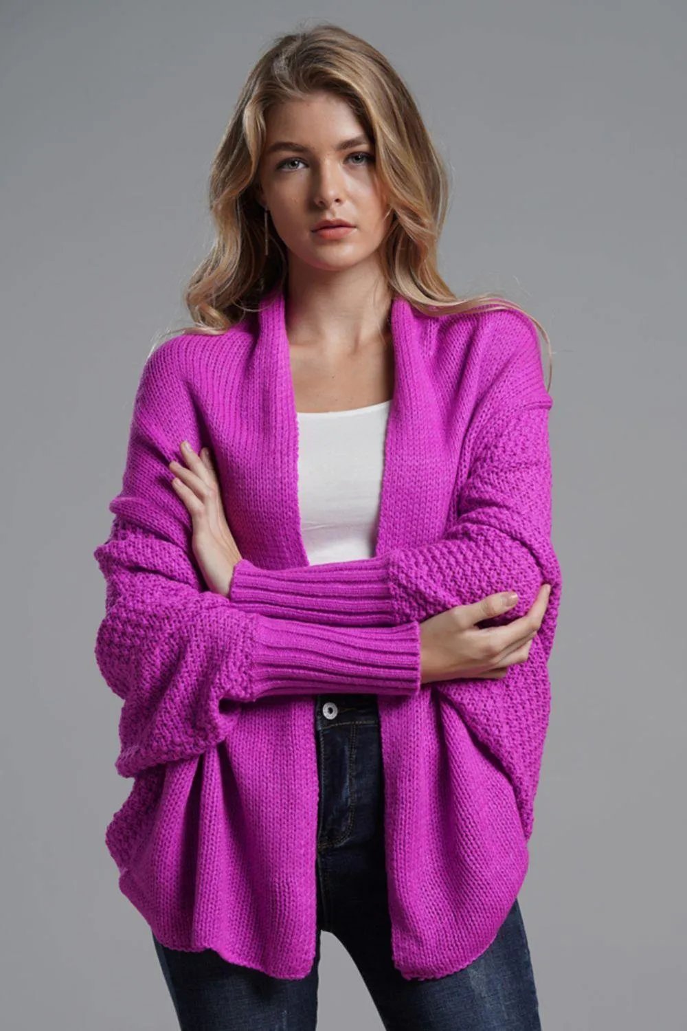Dolman Sleeve Open Front Ribbed Trim Longline Cardigan - Trendsi