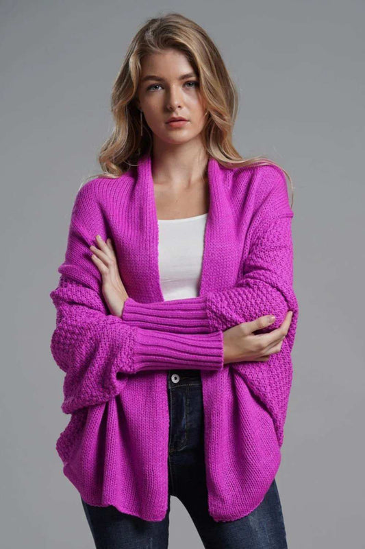 Dolman Sleeve Open Front Ribbed Trim Longline Cardigan - Trendsi - Flyclothing LLC