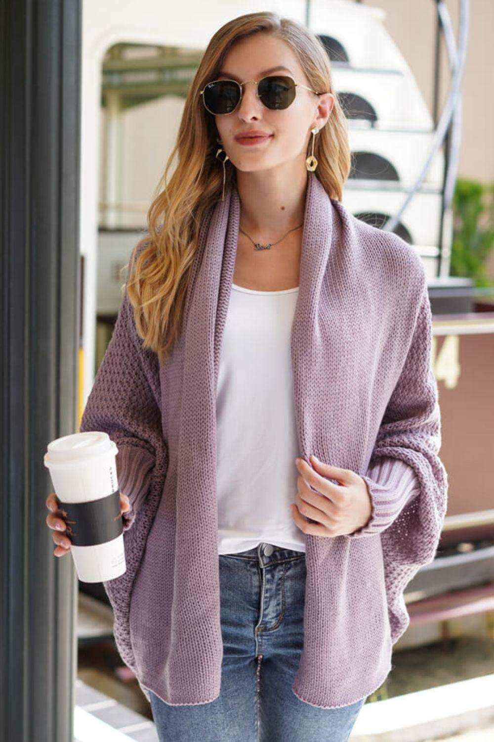 Dolman Sleeve Open Front Ribbed Trim Longline Cardigan - Trendsi - Flyclothing LLC