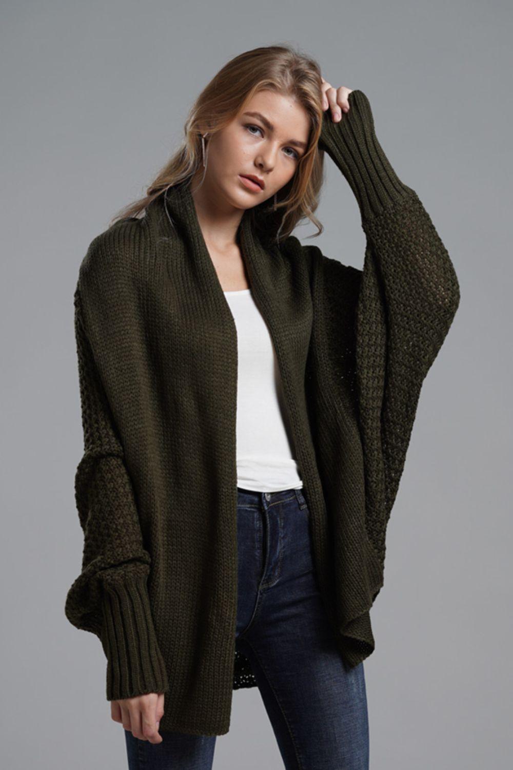 Dolman Sleeve Open Front Ribbed Trim Longline Cardigan - Trendsi - Flyclothing LLC