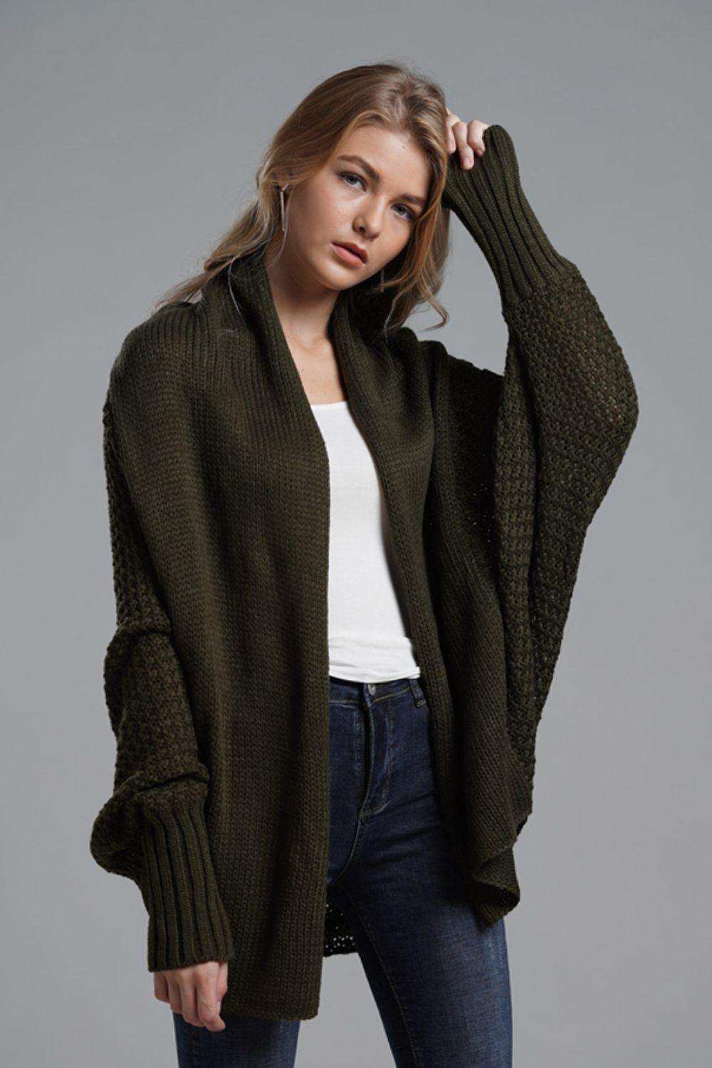 Dolman Sleeve Open Front Ribbed Trim Longline Cardigan - Trendsi - Flyclothing LLC