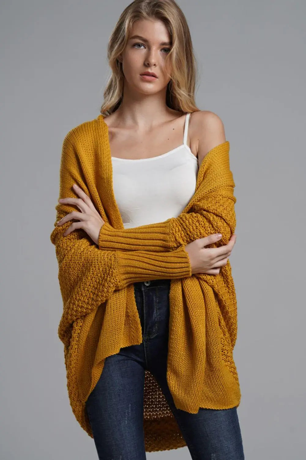 Dolman Sleeve Open Front Ribbed Trim Longline Cardigan - Trendsi - Flyclothing LLC