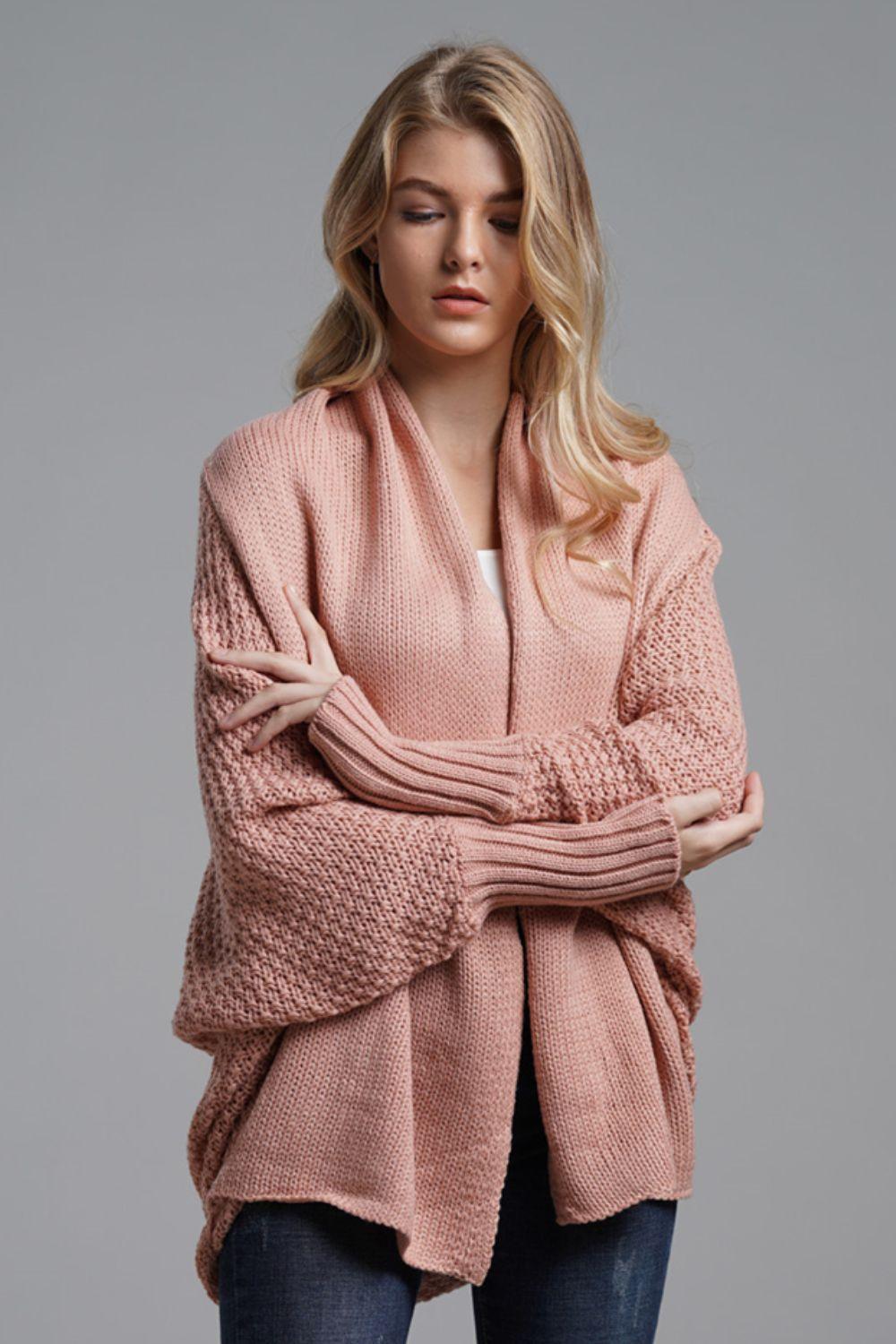 Dolman Sleeve Open Front Ribbed Trim Longline Cardigan - Trendsi - Flyclothing LLC