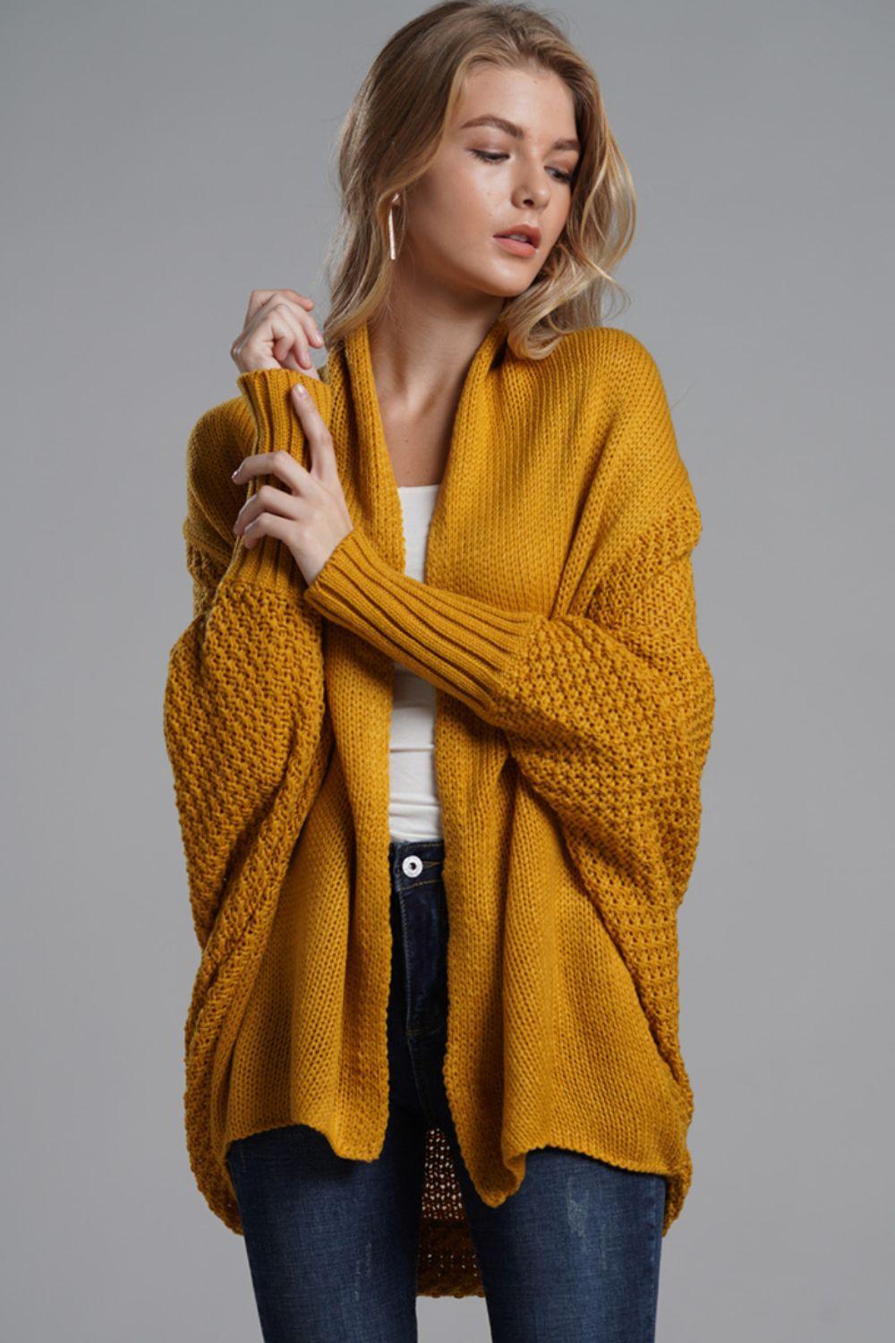 Casual Dolman Sleeve Side Slit Open Front Knit Cardigan