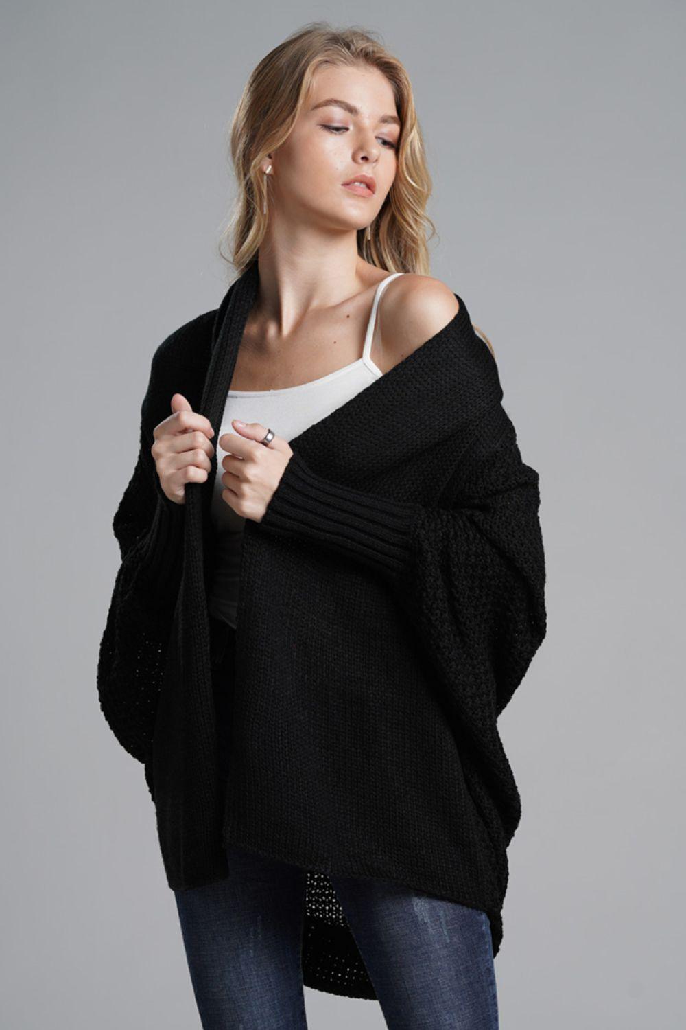 Dolman Sleeve Open Front Ribbed Trim Longline Cardigan - Trendsi - Flyclothing LLC