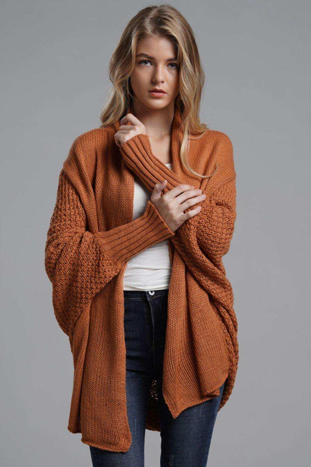 Dolman Sleeve Open Front Ribbed Trim Longline Cardigan - Trendsi - Flyclothing LLC