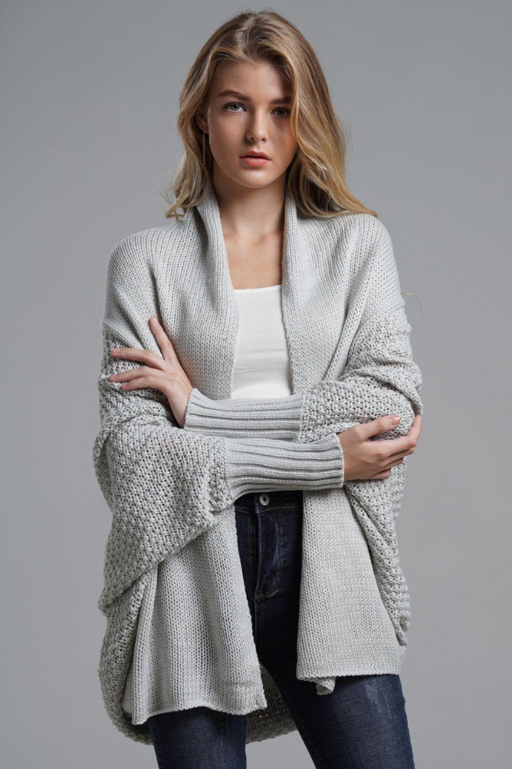Dolman Sleeve Open Front Ribbed Trim Longline Cardigan - Trendsi - Flyclothing LLC