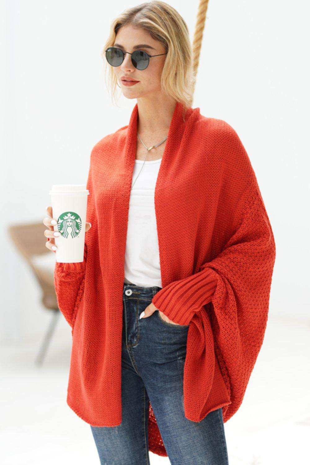Dolman Sleeve Open Front Ribbed Trim Longline Cardigan - Trendsi - Flyclothing LLC