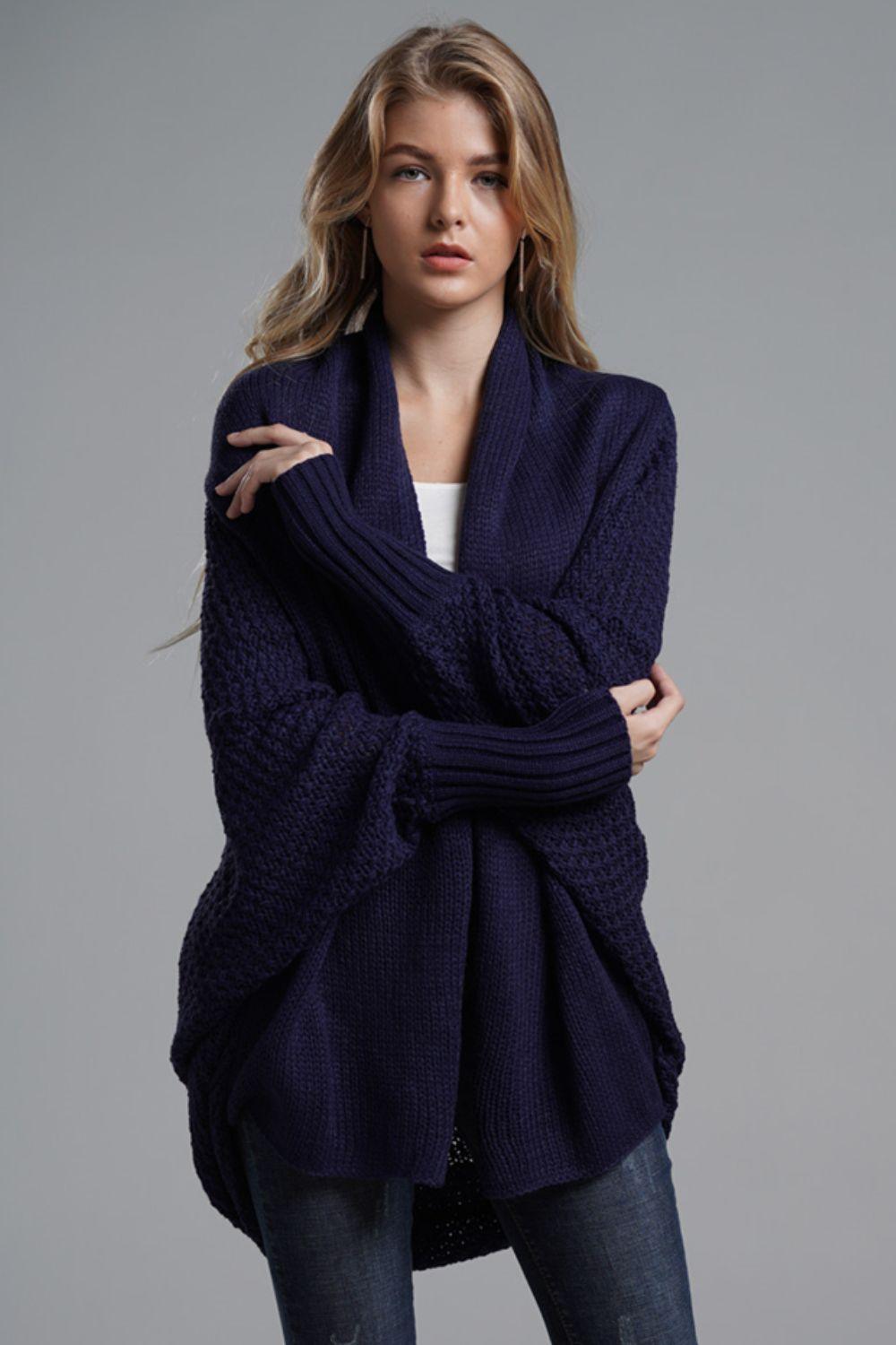 Dolman Sleeve Open Front Ribbed Trim Longline Cardigan - Trendsi - Flyclothing LLC