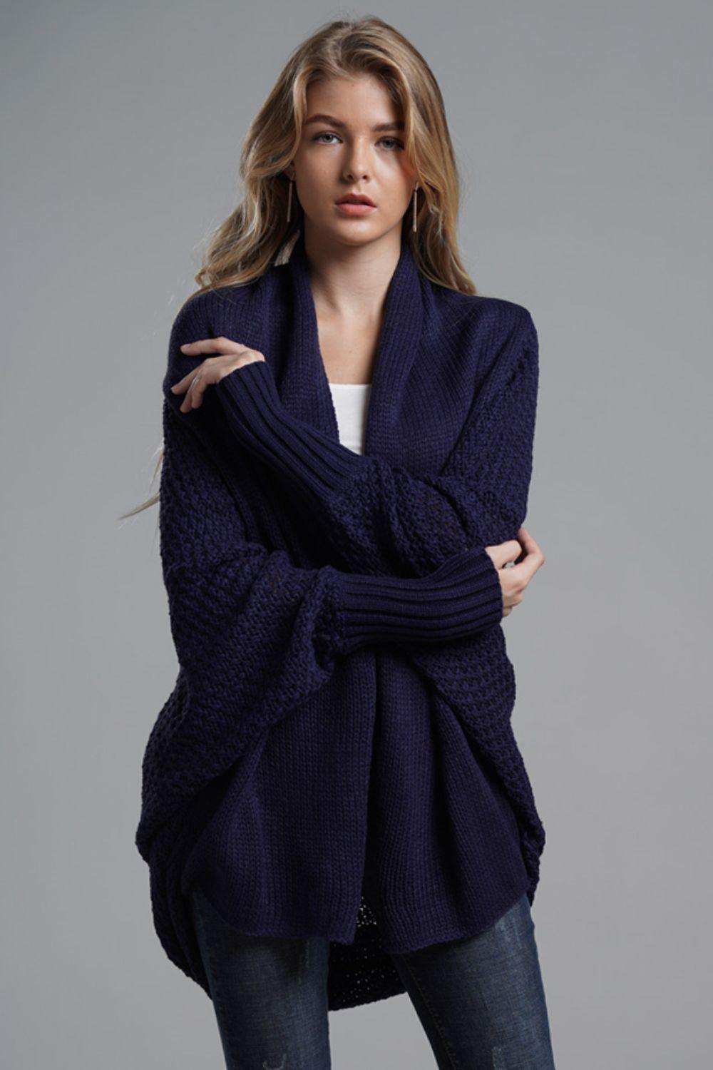 Dolman Sleeve Open Front Ribbed Trim Longline Cardigan - Trendsi - Flyclothing LLC
