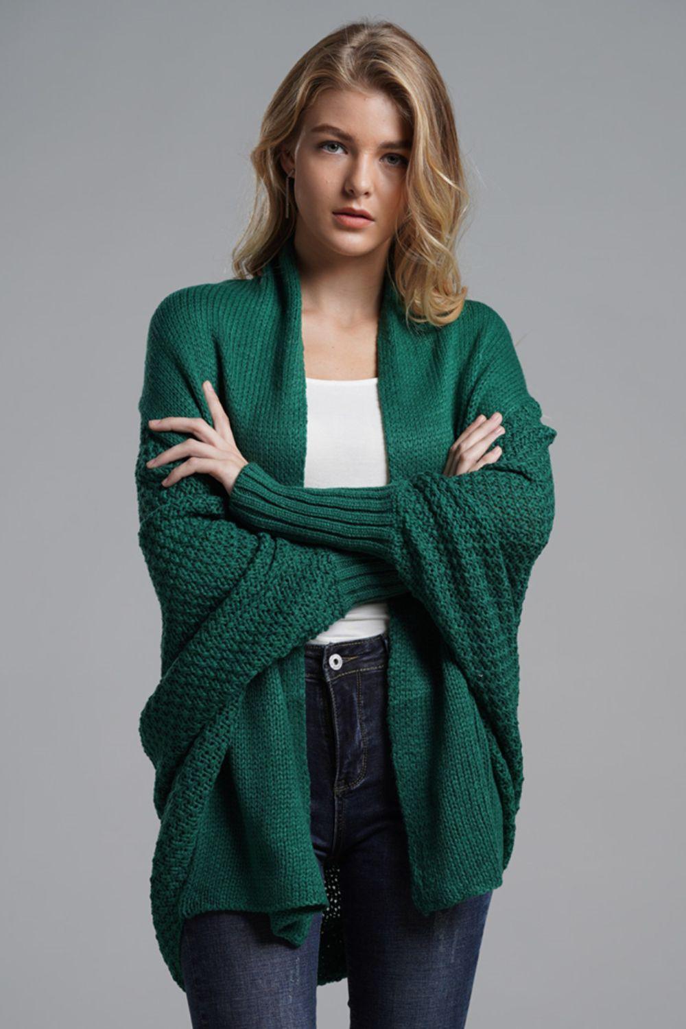 Dolman Sleeve Open Front Ribbed Trim Longline Cardigan - Trendsi - Flyclothing LLC