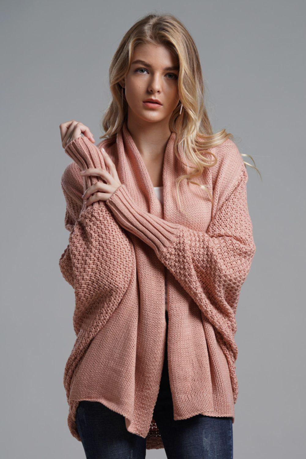 Dolman Sleeve Open Front Ribbed Trim Longline Cardigan - Trendsi - Flyclothing LLC